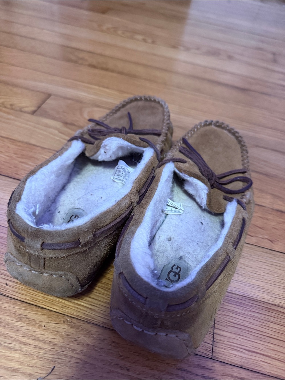 UGG Kids Chestnut Brown Suede Moccasin Slippers with Shearling